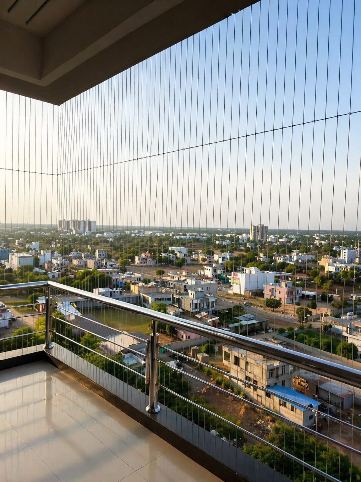 After invisible grill installation by GPC Safety Solutions — modern flat balcony in Jaipur (AI visual concept)