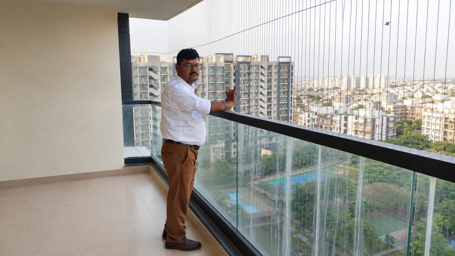 After invisible grill installation by GPC Safety Solutions — high-rise apartment balcony in Jaipur (AI visual concept)