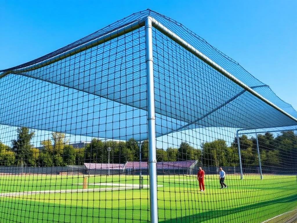 Cricket net enclosure with braided HDPE nets on a galvanised iron frame