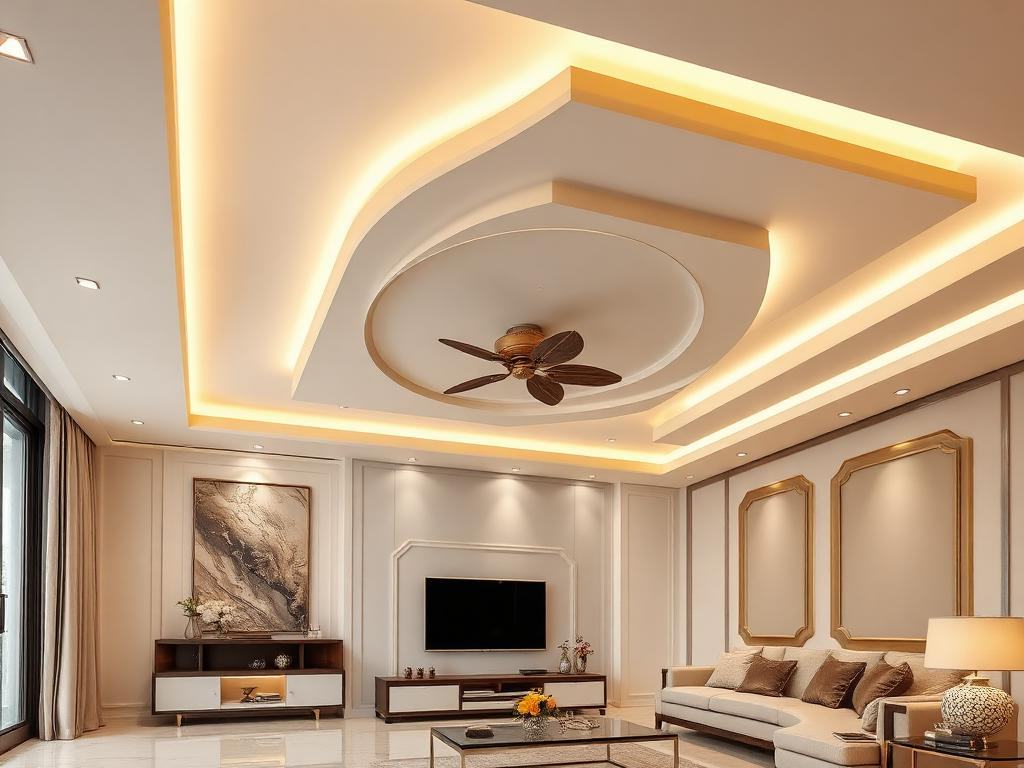 Elegant multi-layer POP ceiling with warm cove lights and ceiling fan
